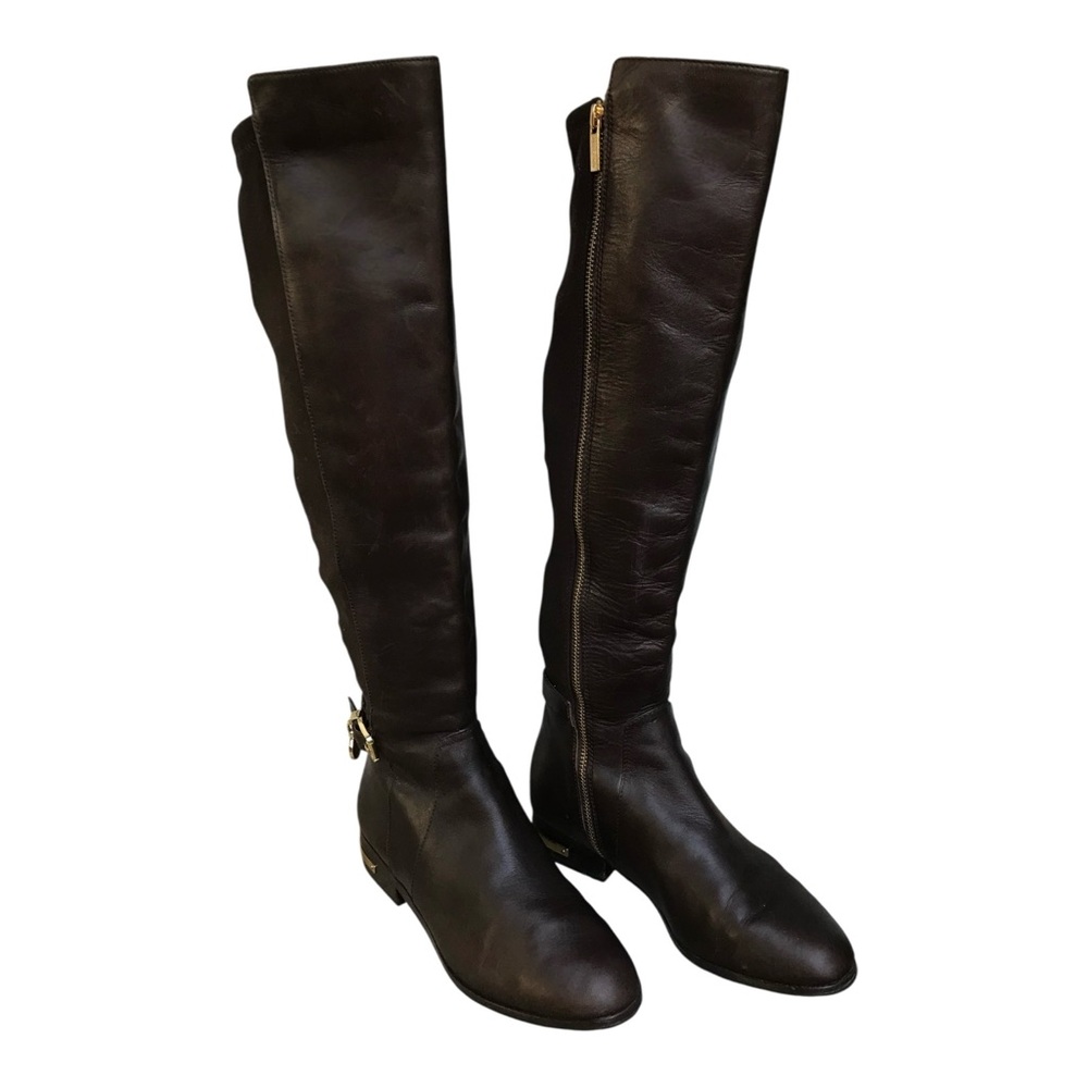 Michael Kors Brown Leather Tall Riding Boots Logo charm. Womens size 7